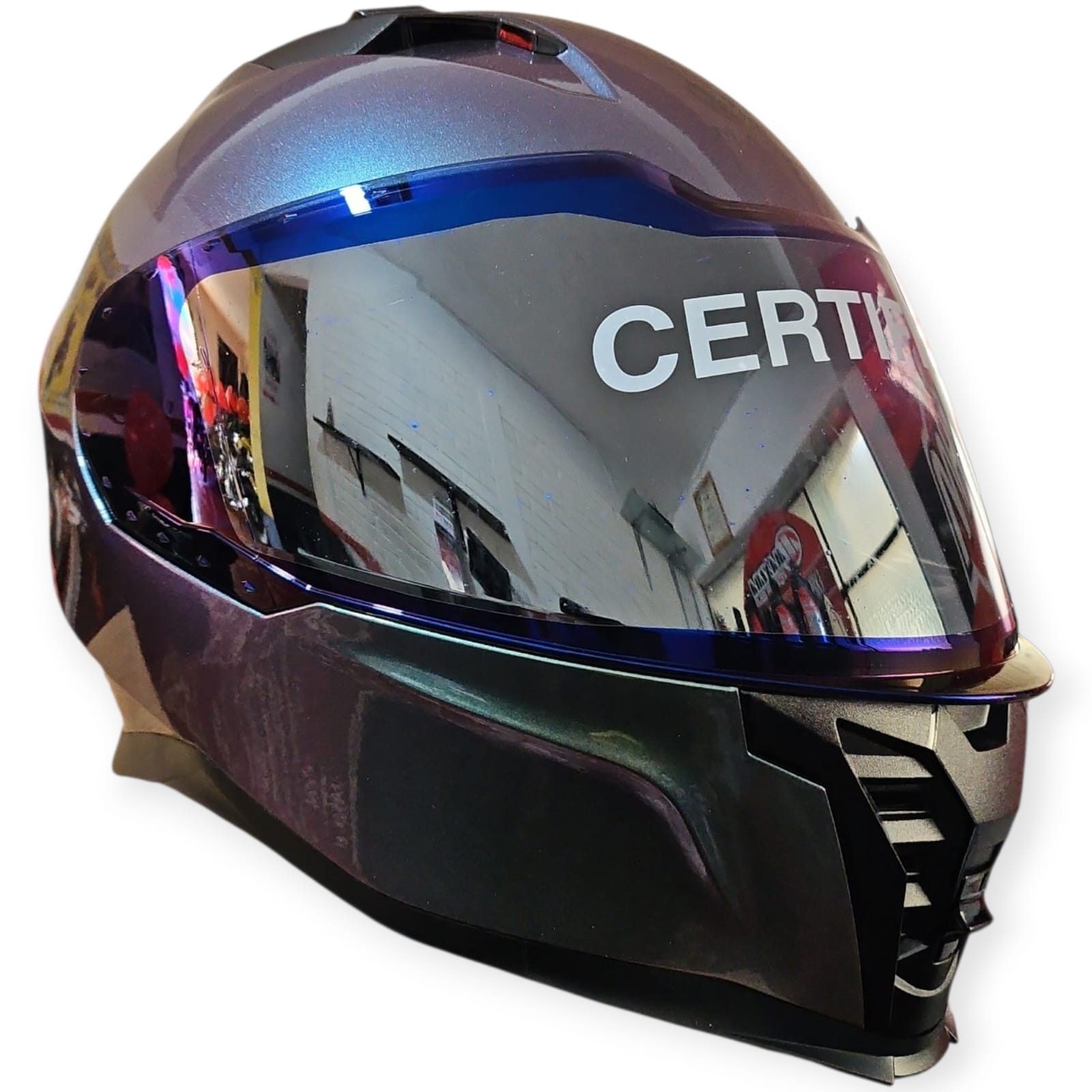 1771512885_CASCO20CAMA20.jpeg CASCO INTEGRAL CAMALEON BRILLANTE SPOILER ROJO VISOR AZUL MASS - Imagen 1