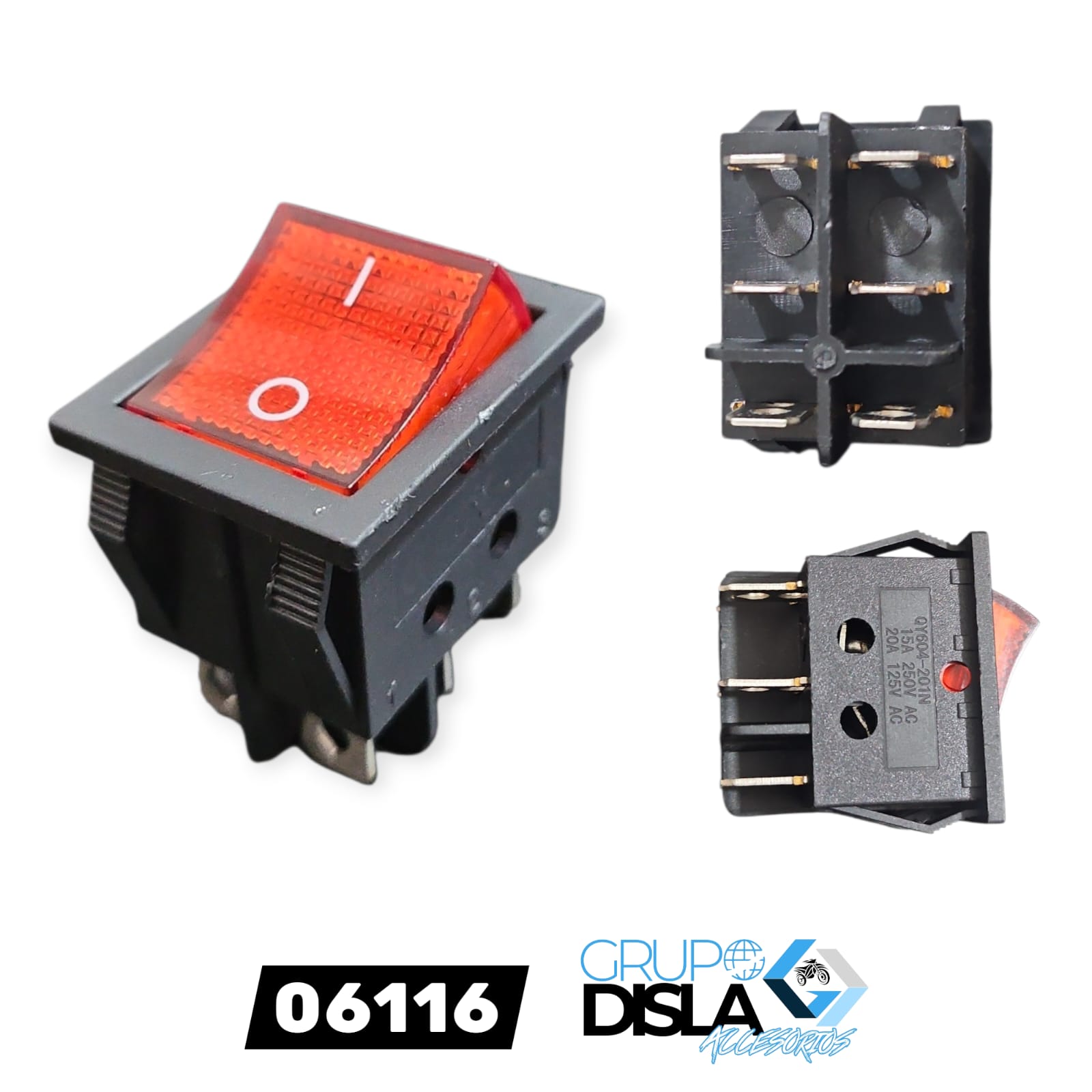 1773971452_SWITCH20CUADRO20620PTS.jpeg BOTON SWITCH INTERRUPOTOR CUARADO CON LUZ ROJO 6 PATITAS 25MMX32MM - Imagen 1