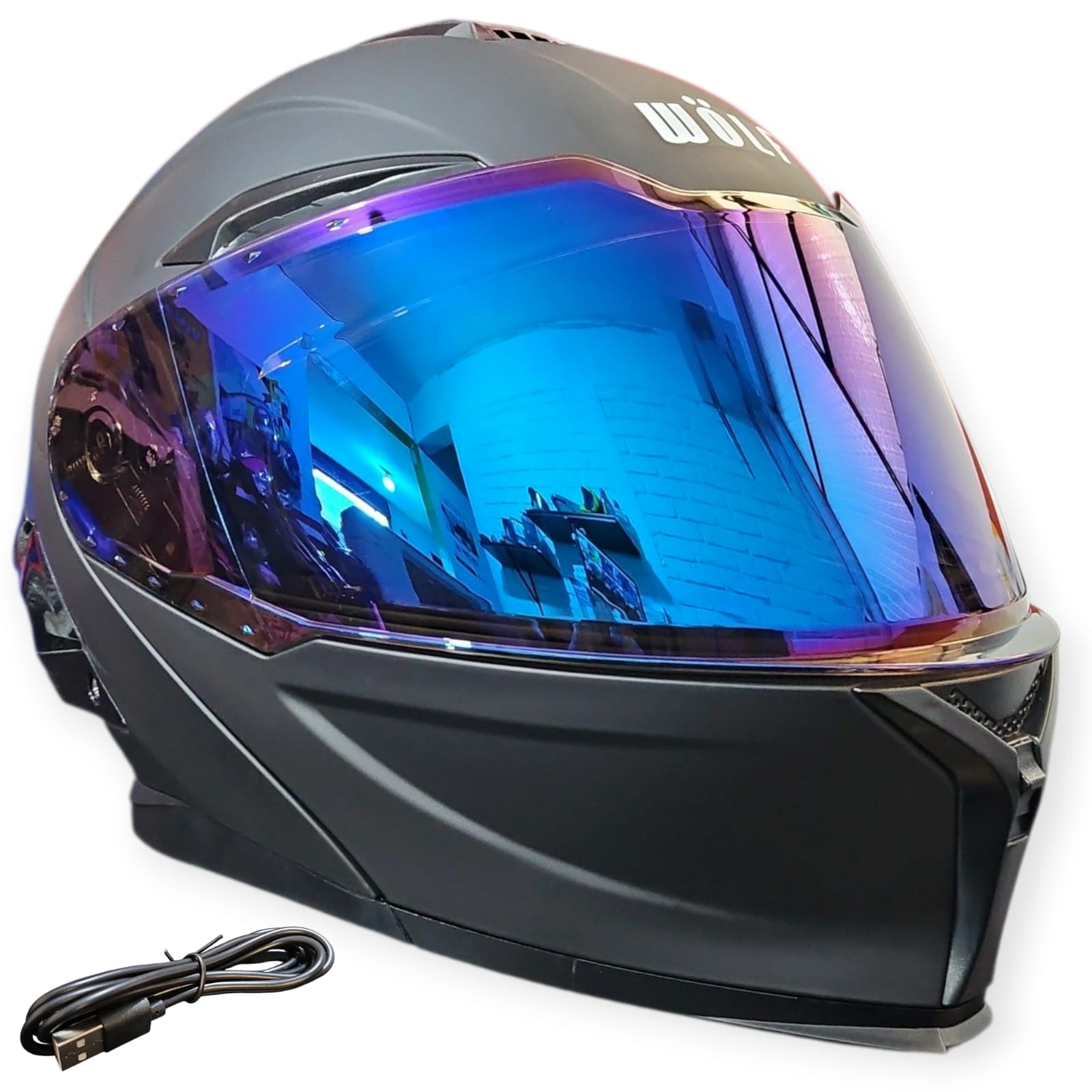 1774739559_CASCO20NEGRO20MAT20VIS20AZUL.jpeg CASCO MODULAR NEGRO MATE VISOR AZUL REVO CON LUZ STOP WOLF - Imagen 1