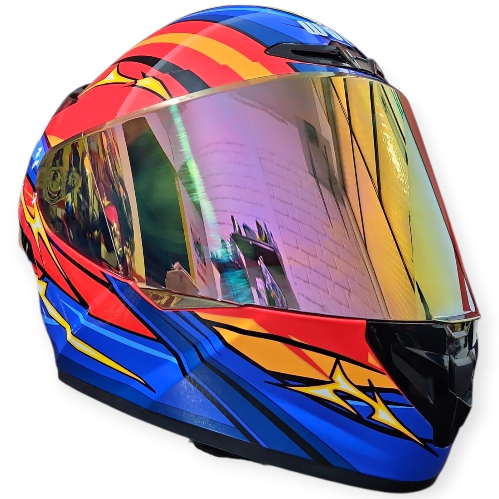 1774739771_CASCO20FLASH20.jpeg CASCO INTEGRAL AZUL ROJO AMARILLO FLASH VISOR ROJO REVO WOLF - Imagen 1