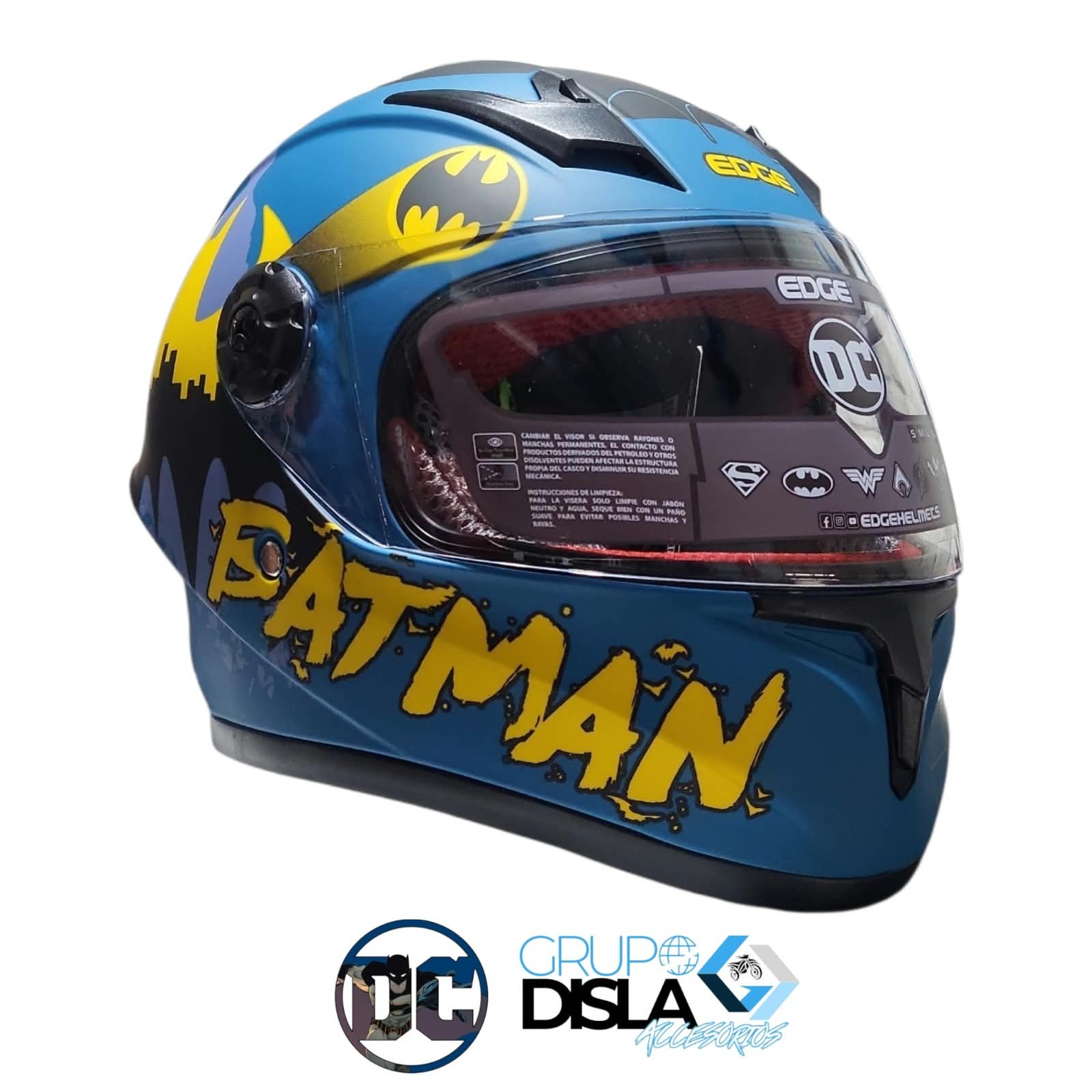 1790791891_CASCO20CELESTE20BA.jpeg CASCO INTEGRAL NIÑOS CHAMPION DC KIDS DISEÑO BATMAN AZUL AMARILLO EDGE - Imagen 1